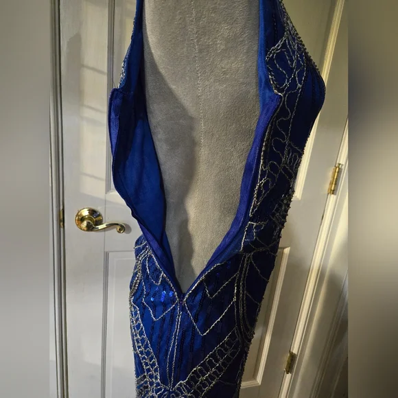 Sequins beads & stitching ROYAL blue flapper-style dress long fringe sz S - Picture 8 of 10